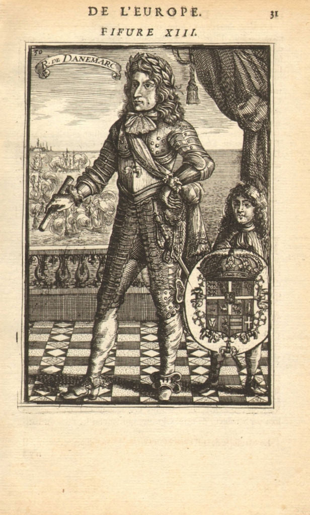 KING CHRISTIAN V OF DENMARK & NORWAY. Wearing armour. Coat of arms. MALLET 1683
